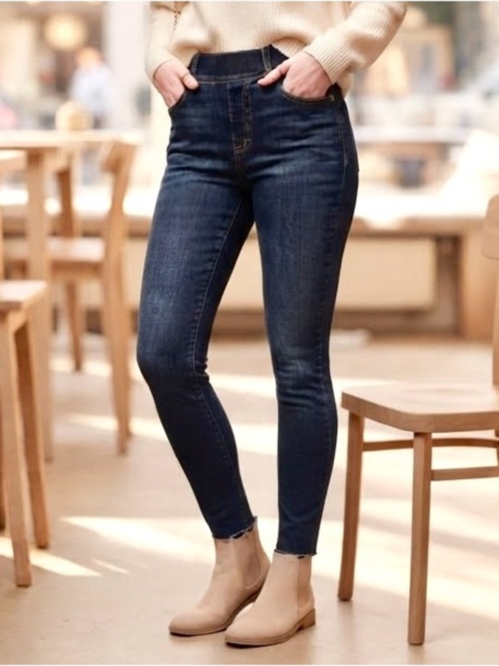 SPANX Pull On Skinny Jeans Sz L Dark Denim High Rise Slimming Shaping Minimalist